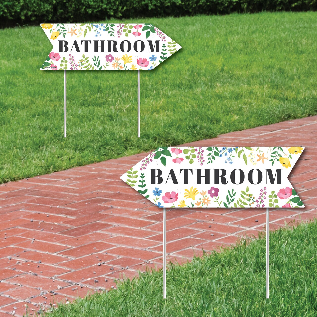 Big Dot of Happiness Wildflowers Wedding Bathroom Signs - Boho Floral Wedding Sign Arrow - Double Sided Directional Yard Signs - Set of 2